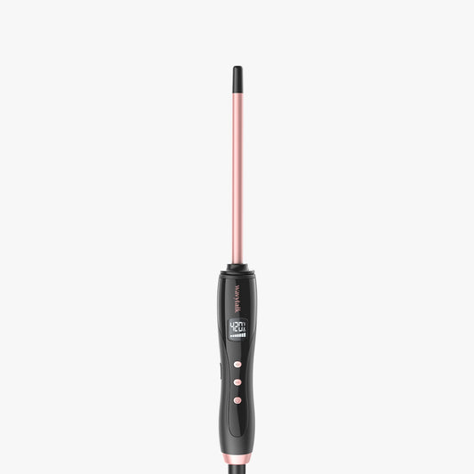 A rose gold Micro Wave hair curler with a digital temperature readout.