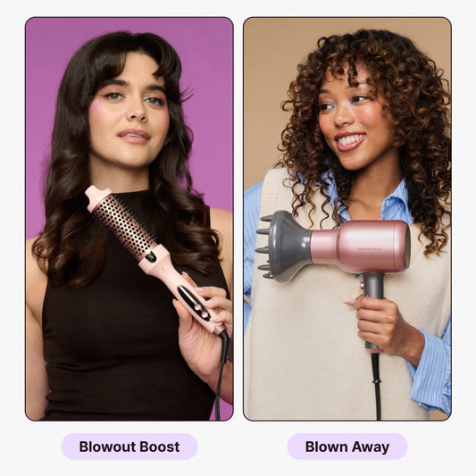 Two women using hair styling tools with text labels 'Blowout Boost' and 'Blown Away'.
