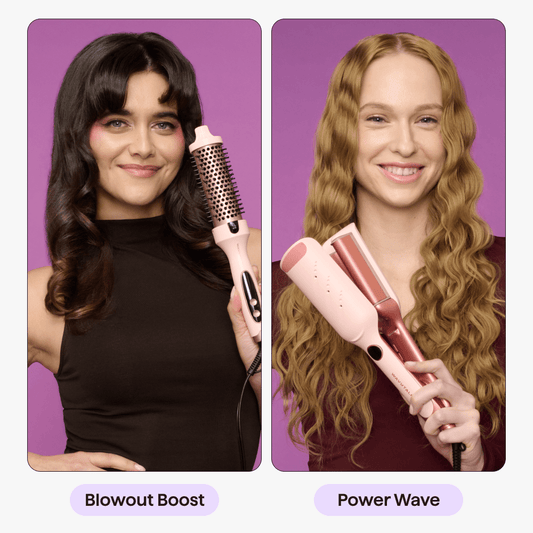 The two women are holding a Blowout Boost and a Power wave respectively, against different background colors.