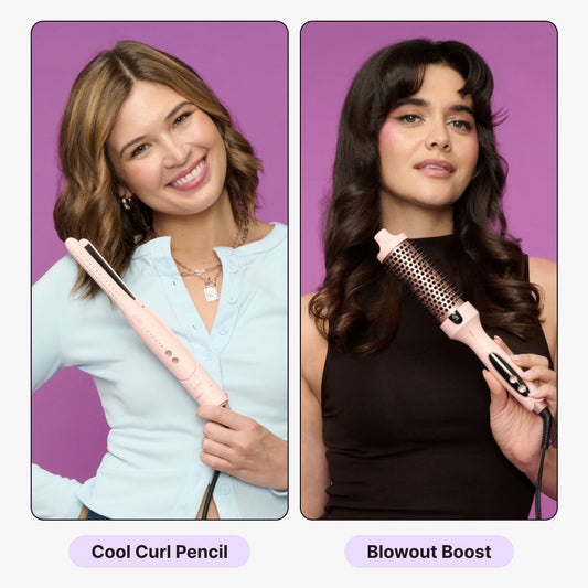 The two women are holding a Cool Curl Pencil and a Blowout Boost respectively, against different background colors.