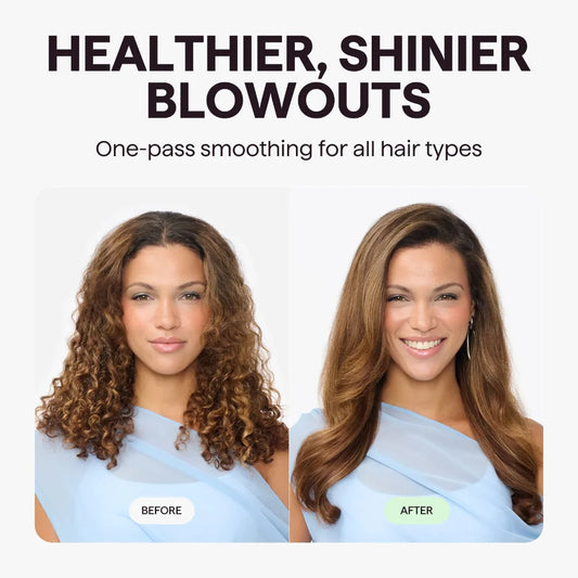 Before-and-after comparison of a woman with curly hair transformed into smooth, shiny brown hair, with the text 'HEALTHIER, SHINIER BLOWOUTS' at the top.