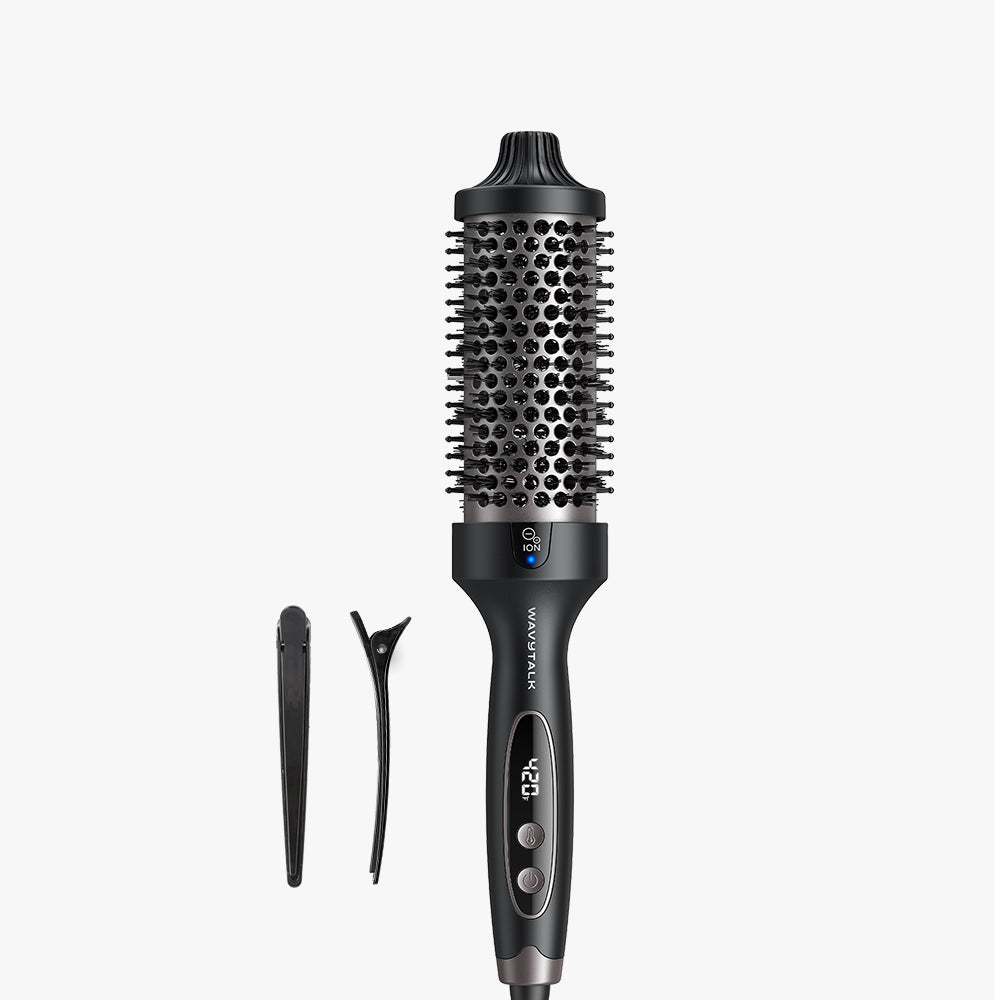 Black hair styling tool with attachments on a white background