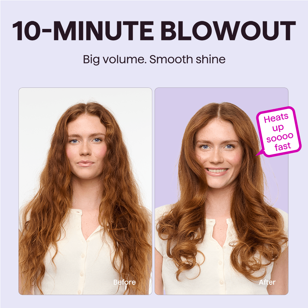 Black Blowout Boost Grande hair tool showing a before and after comparison of a woman's hair, featuring the text "10-Minute Blowout" and "Heats up sooo fast.”