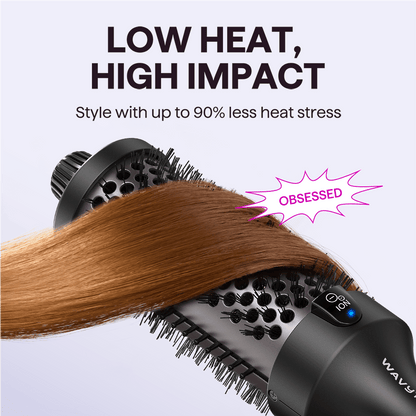 Black Blowout Boost Grande with text 'Low Heat, High Impact' and 'Wavy' branding.