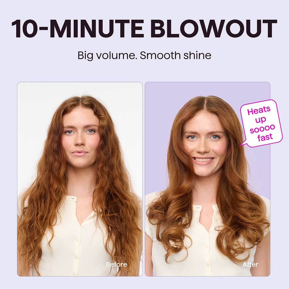 Before and after comparison of hair styled with a 10-minute blowout product on a light purple background.