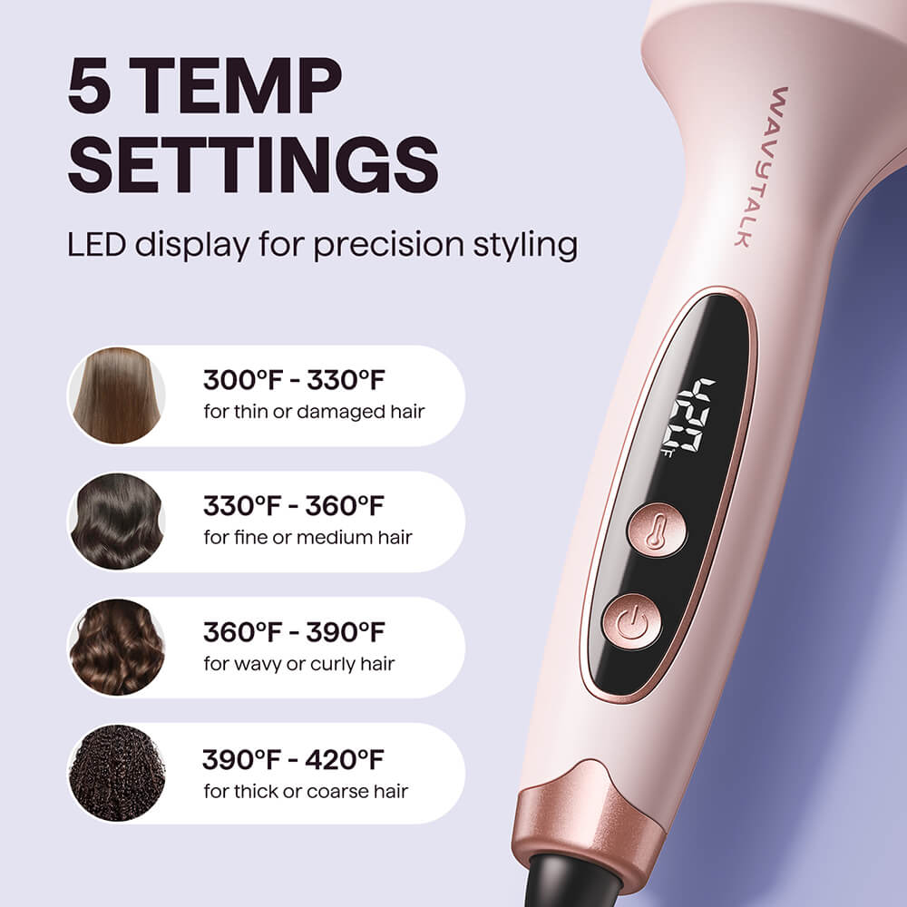 pink Blowout Boost hair styling tool with temperature settings for different hair types on a light purple background