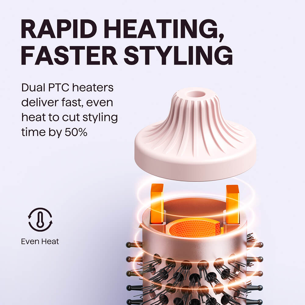 Pink Blowout Boost hair styling tool with dual PTC heaters and text about rapid heating and faster styling.