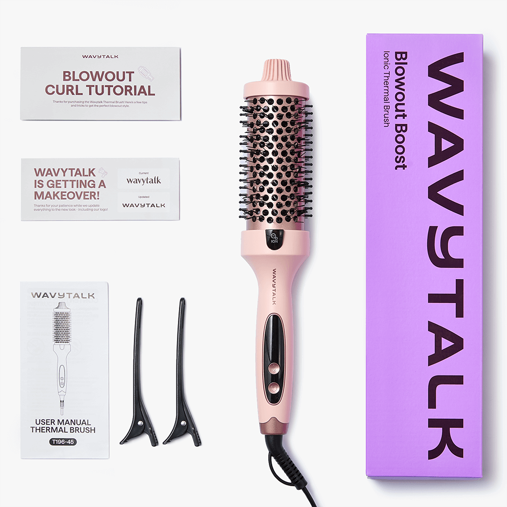 Wavytalk pink Blowout Boost hair styling tool with packaging and accessories on a white background