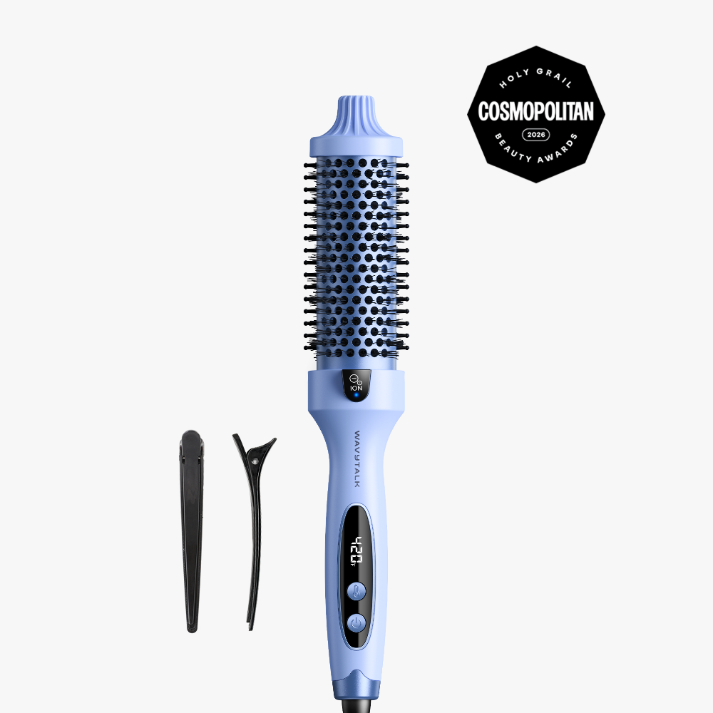 Hair styling tool with digital display and attachments on a white background, featuring 'Cosmopolitan Beauty Award' badge.