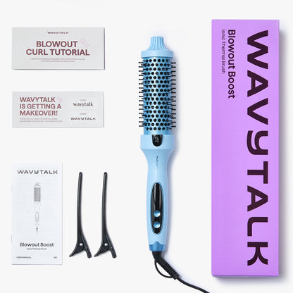 Wavytalk blue Blowout Boost ionic thermal brush with packaging and accessories on a white background