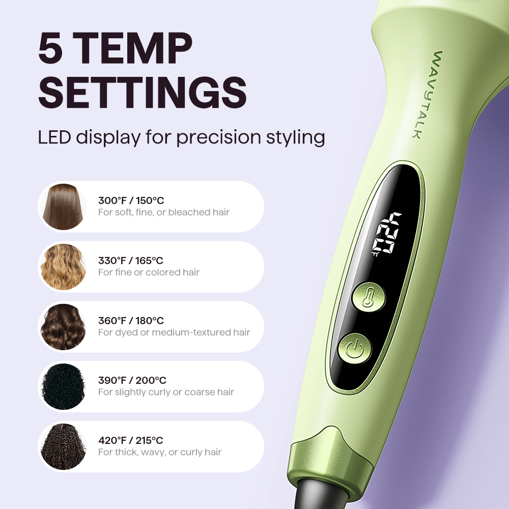 Green Blowout Boost with temperature settings displayed on a purple background