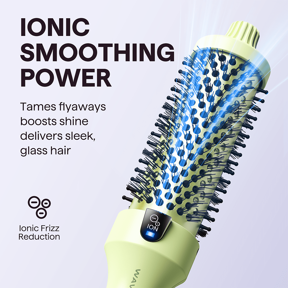 Green Blowout Boost hair tool with blue bristle pattern on a light gray background, featuring text about ionic smoothing power.
