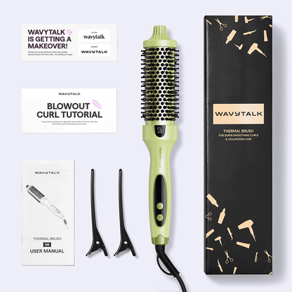 Green Blowout Boost hair tool thermal brush with packaging, user manual, and tutorial card on a white background