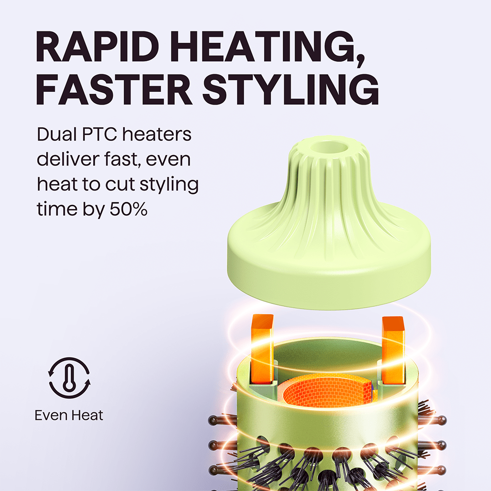Green Blowout Boost Hair styling tool with dual PTC heaters and text about rapid heating and faster styling.