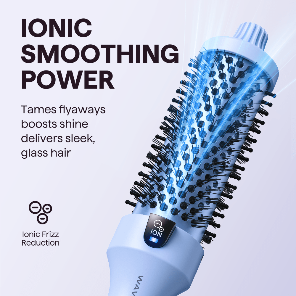 Blue Blowout Boost thermal brush with text highlighting its features on a white background