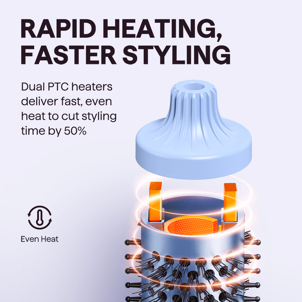Blue Blowout Boost thermal brush with dual PTC heaters and text about rapid heating and faster styling.
