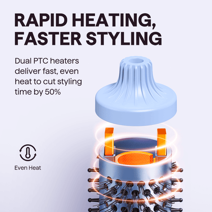 Blue Blowout Boost thermal brush with dual PTC heaters and text about rapid heating and faster styling.