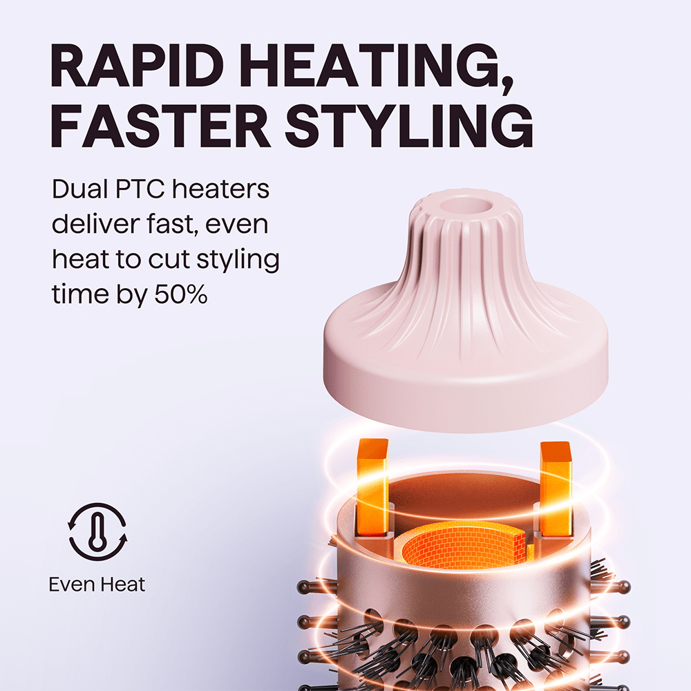 Pink Blowout Boost hair tool with dual PTC heaters and text highlighting rapid heating and faster styling.