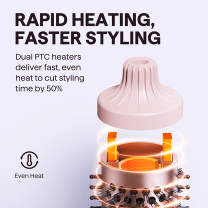 Pink Blowout Boost hair tool with dual PTC heaters and text highlighting rapid heating and faster styling.