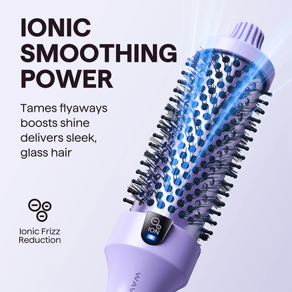 Purple Blowout Boost Hair styling tool with blue bristle head on a light purple background, featuring text about ionic smoothing power.