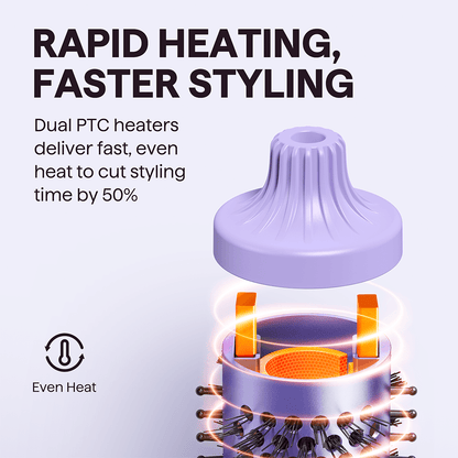 Purple Blowout Boost Hair styling tool with heating elements and text about rapid heating and faster styling.