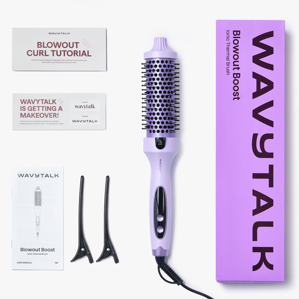 Wavytalk purple Blowout Boost ionic thermal brush with packaging and accessories on a white background