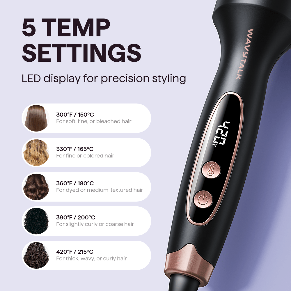 Rose gold Blowout Boost with digital display and temperature settings for hair care.