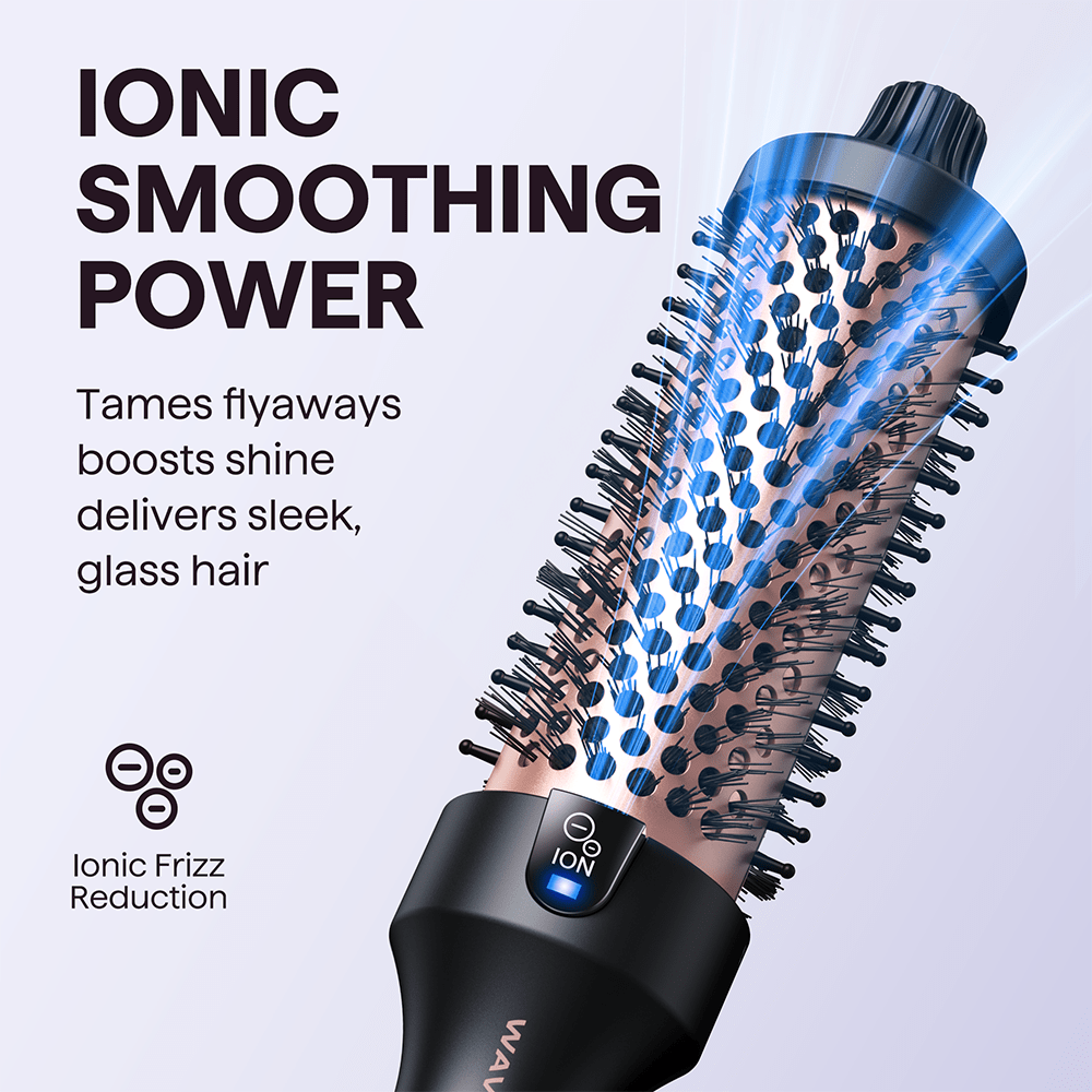 Rose Gold Blowout Boost with blue bristle head and black handle on a light gray background, featuring text about ionic smoothing power.