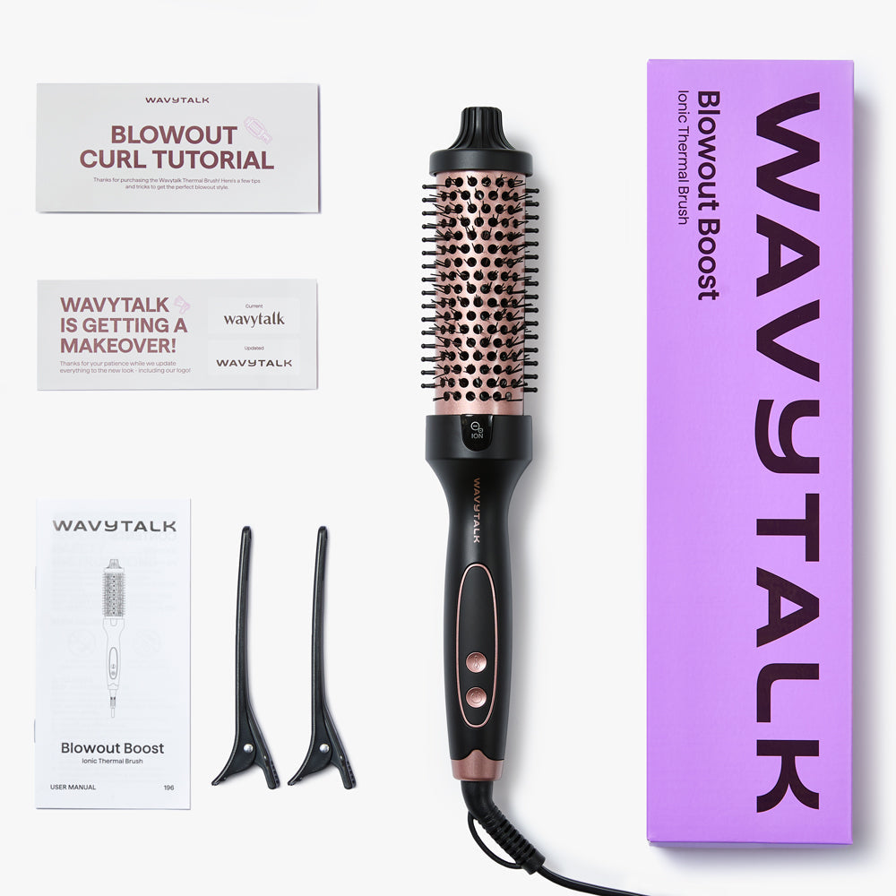 Wavytalk rose gold Blowout Boost ionic thermal brush with packaging and accessories on a white background