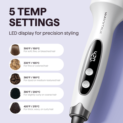 White Blowout Boost with digital display and temperature settings for hair care on a light purple background