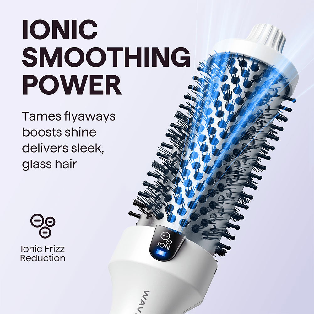 White Blowout Boost hair tool with blue and black bristles on a white background, featuring text about ionic smoothing power.