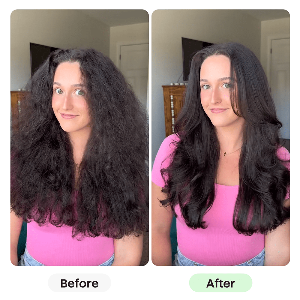 Before and after comparison of a person with long, wavy hair styled differently.