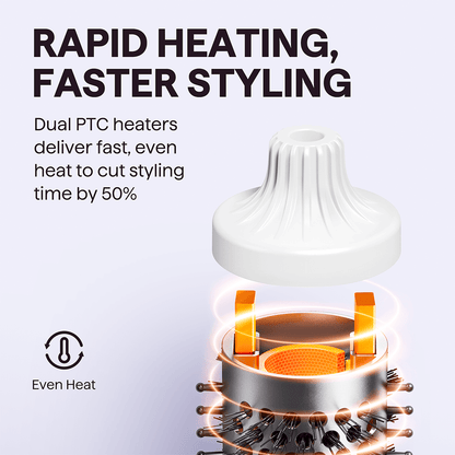 White Blowout Boost hair tool with dual PTC heaters and text about rapid heating and faster styling.