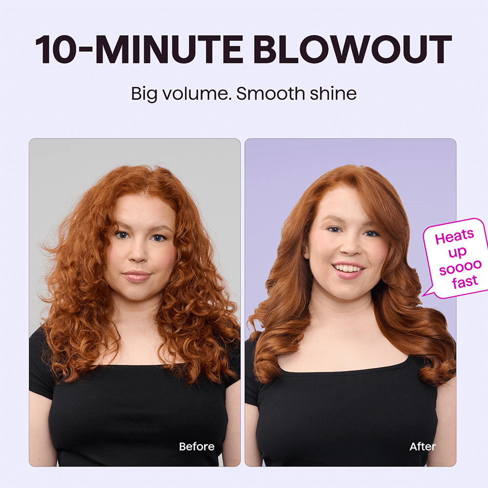 Before and after comparison of a woman's hair with text indicating a '10-Minute Blowout' product.