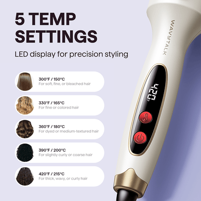 Holiday LE Blowout Boost with digital temperature display and temperature settings for different hair types on a light purple background.