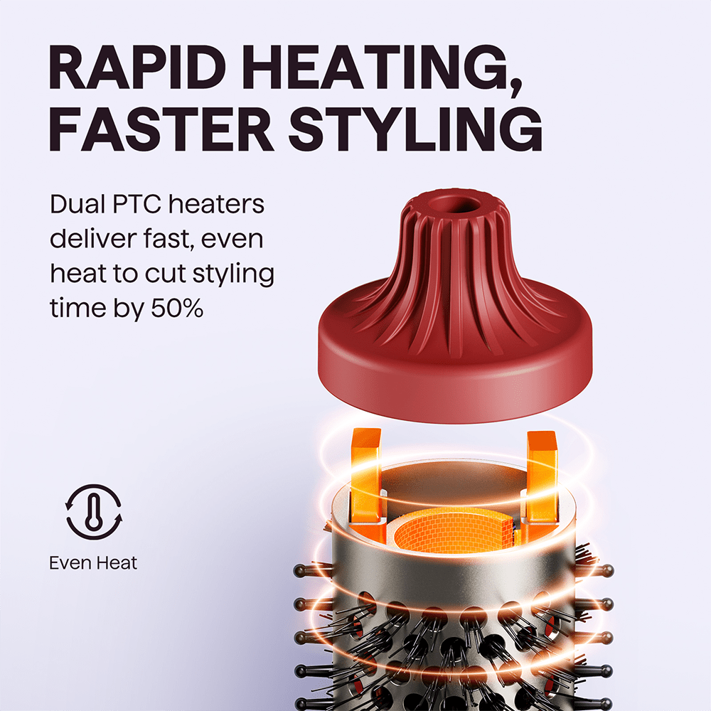 Red hair dryer head with dual PTC heaters and text about rapid heating and faster styling.