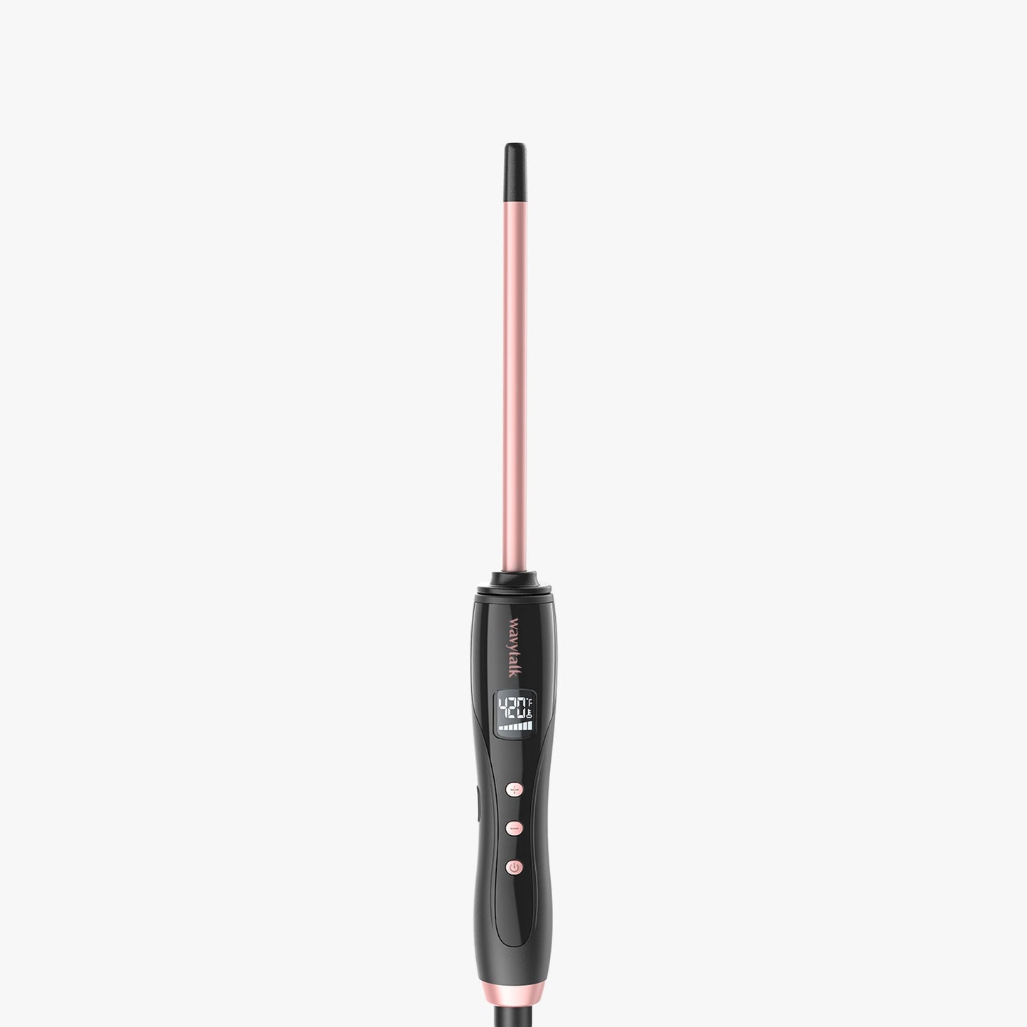 A rose gold Micro Wave hair curler with a digital temperature readout.