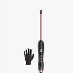 Hair straightener with digital display and a black glove on a white background