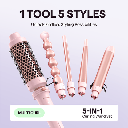 Pink Multi Curl 5-in-1 tools with multiple attachments on a light purple background