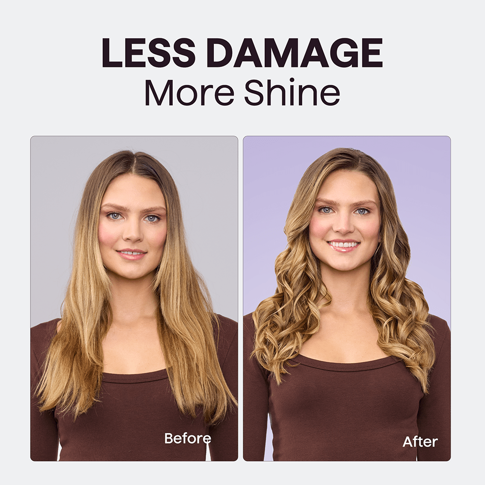Before and after comparison of a woman's hair with text 'LESS DAMAGE More Shine' by using Pink Multi Curl 5-in-1 tools.