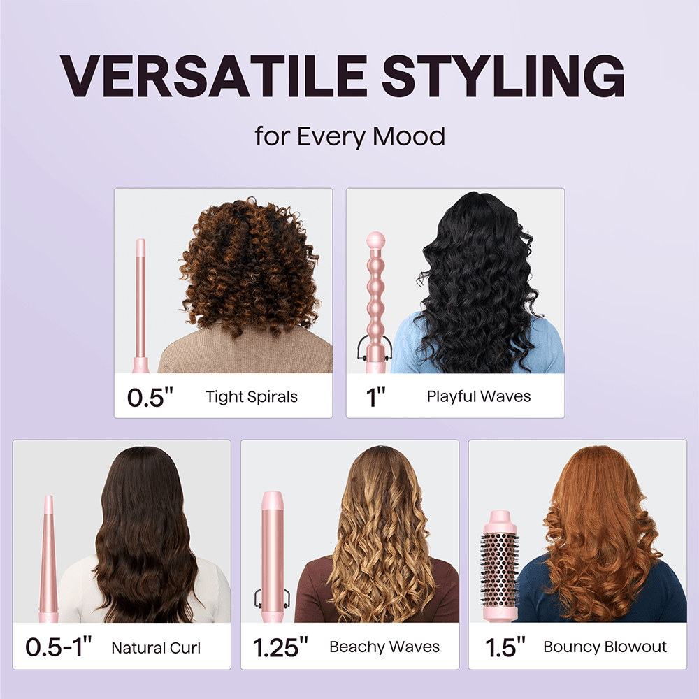 Pink Multi Curl 5-in-1 tools with different size settings and their effects on hair texture.