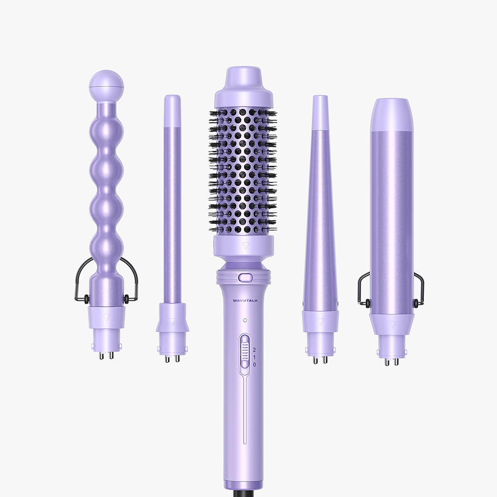 Purple Multi Curl 5-in-1 hair styling set with five interchangeable attachments for curling and volumizing, displayed on a clean white background.