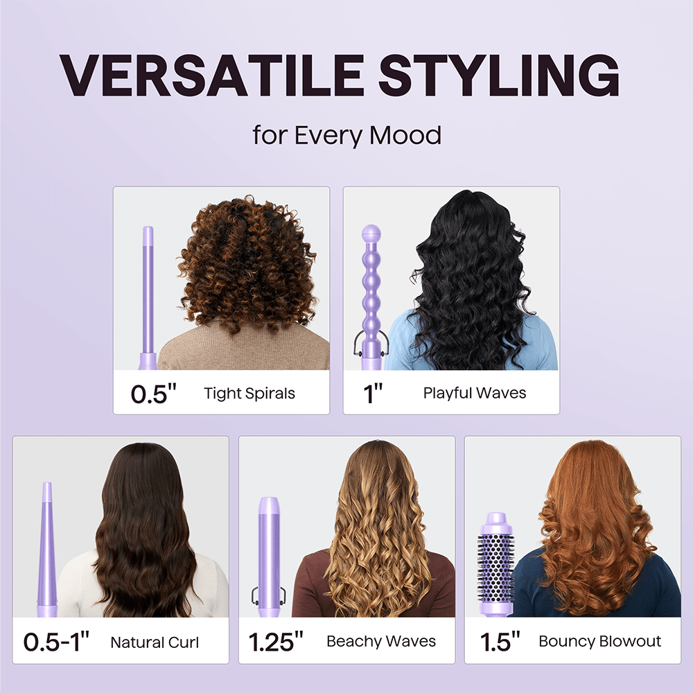 Multi Curl 5-in-1 hair styling set featuring five interchangeable attachments for various curl settings, demonstrating professional hair transformation effects on a light purple background.