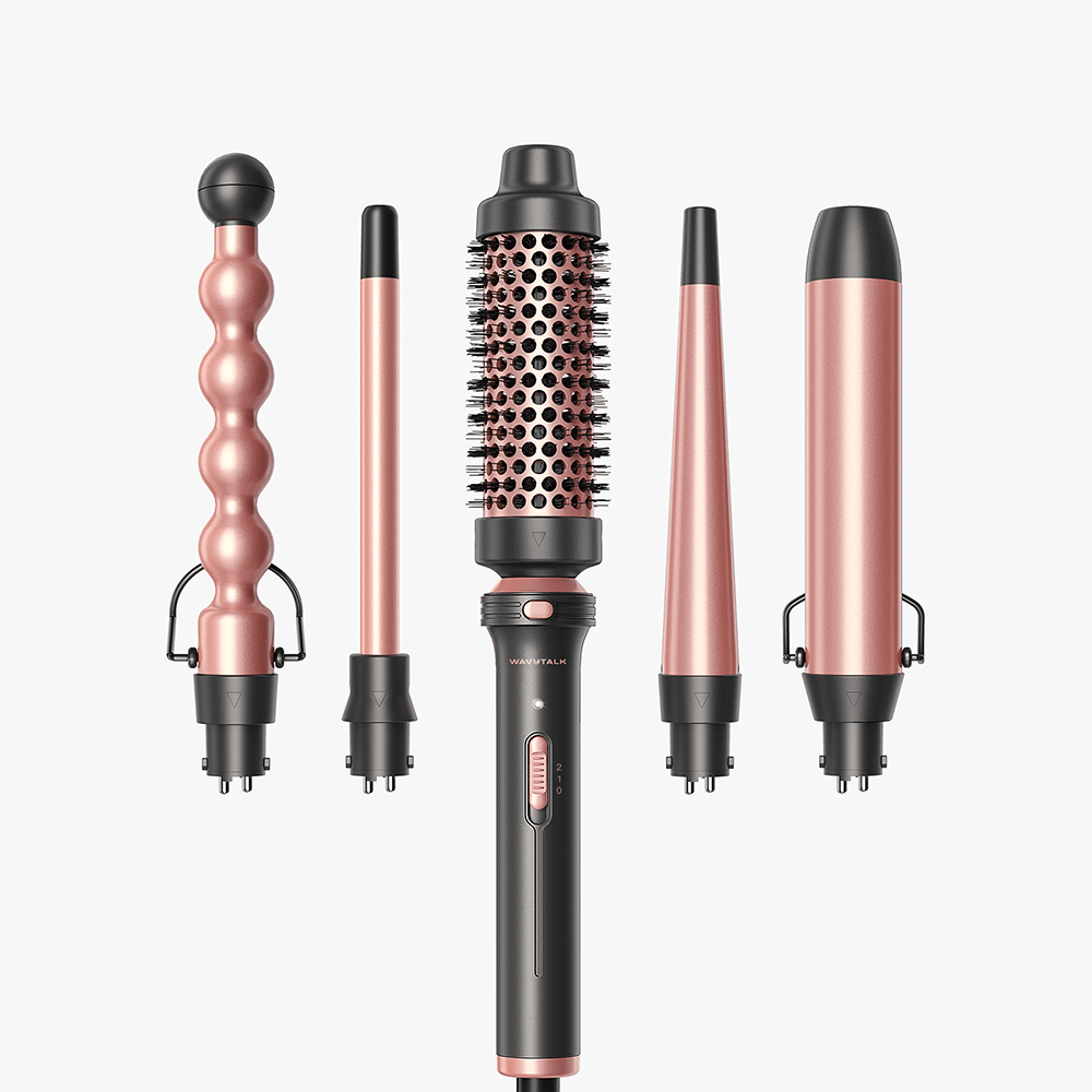 Rose gold Pink Multi Curl 5-in-1 set hair styling tools on a white background