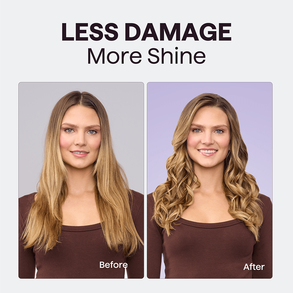 Before and after comparison of a woman's hair with text 'LESS DAMAGE More Shine'.