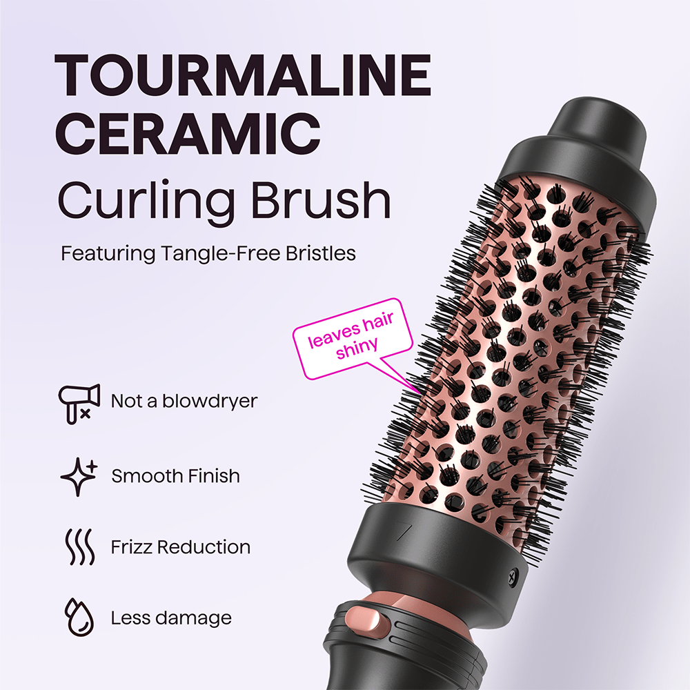 The rose gold Thermal Brush which is of tool in Multi Curl 5-in-1 set with features listed on a light purple background