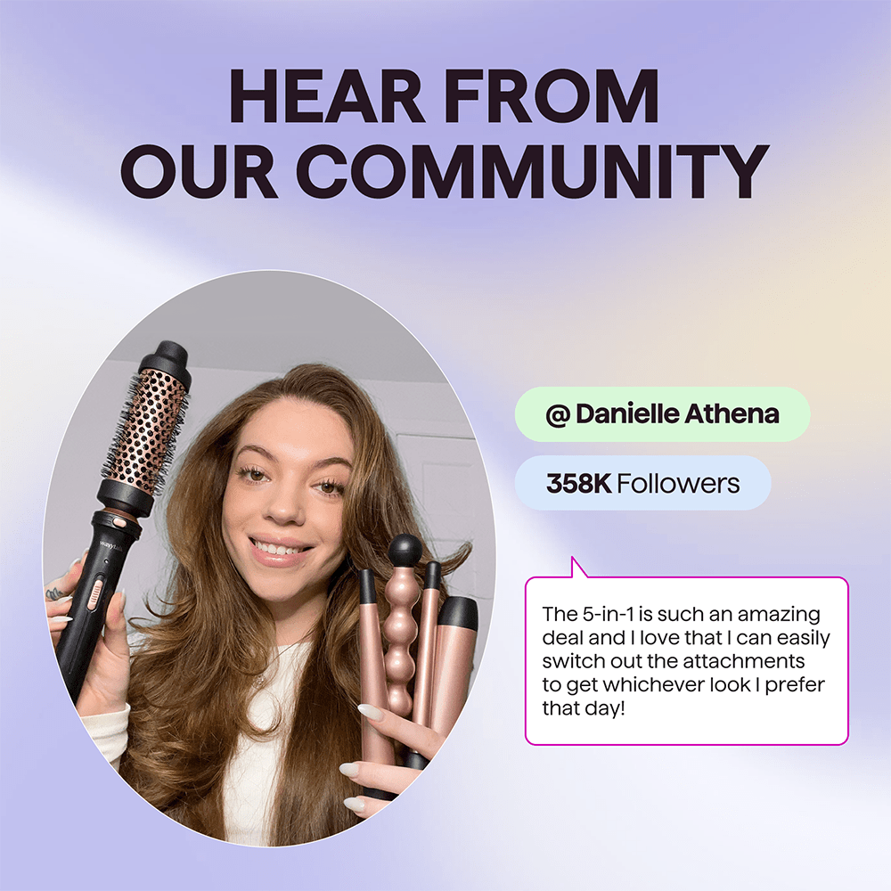 Woman holding the tools in Pink Multi Curl 5-in-1 set with text overlay about community feedback and social media engagement.