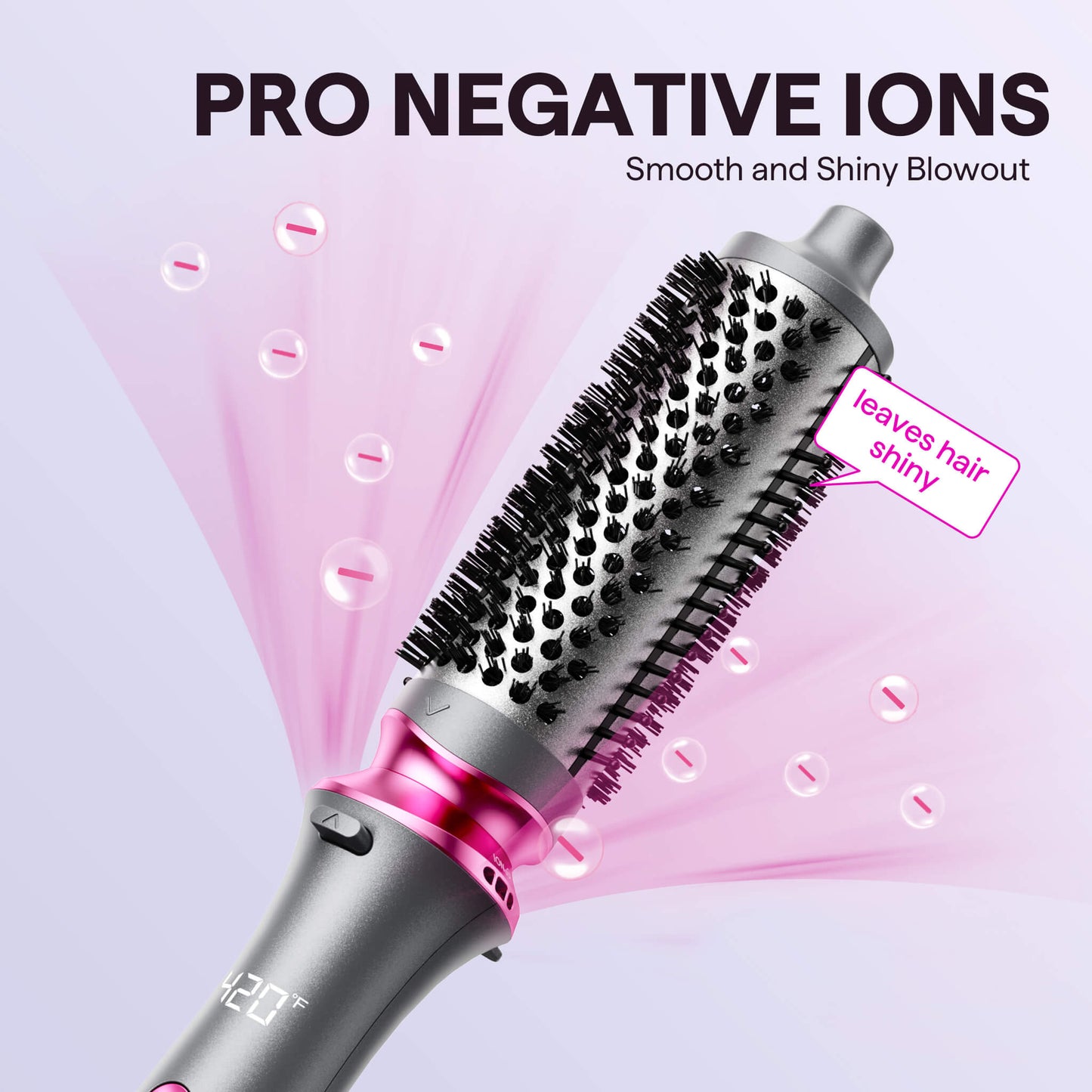 grey Blowout Boost hair styling tool with negative ions feature on a light purple background