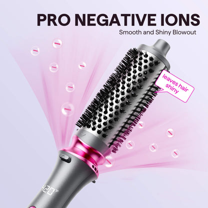 grey Blowout Boost hair styling tool with negative ions feature on a light purple background