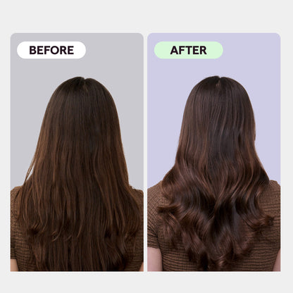 Before and after comparison of hair with a textured style on a plain background